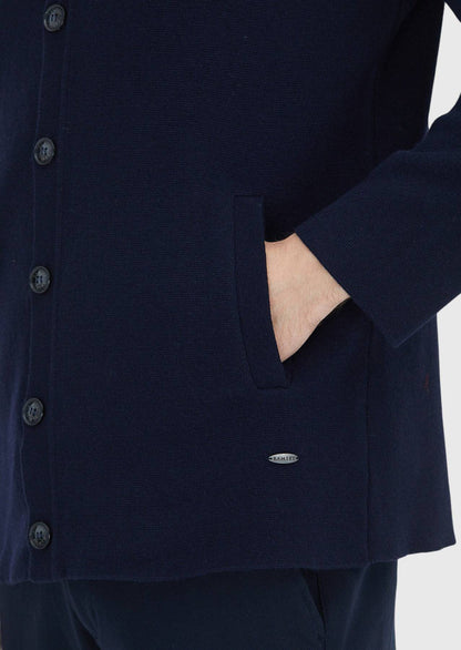 Marineblaue Strickjacke mit Rollkragen aus Wollmischung
