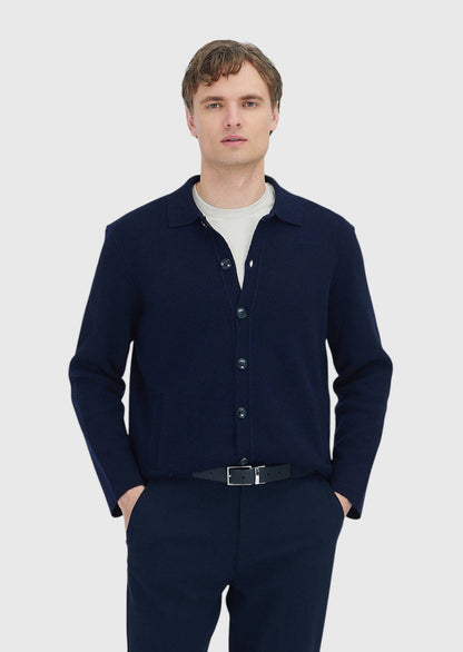 Marineblaue Strickjacke mit Rollkragen aus Wollmischung