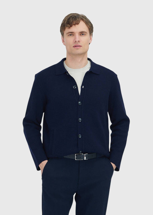 Marineblaue Strickjacke mit Rollkragen aus Wollmischung
