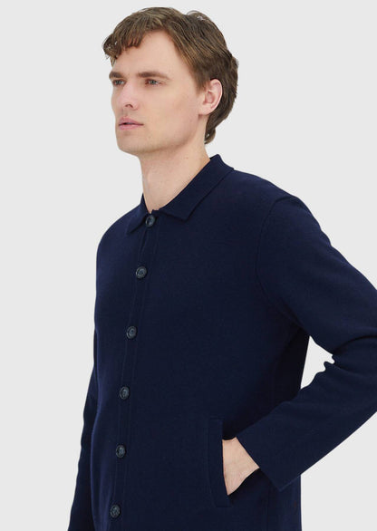 Marineblaue Strickjacke mit Rollkragen aus Wollmischung