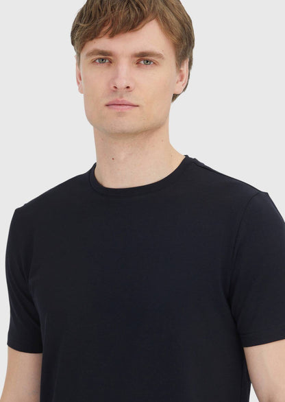 Schwarzes, schlichtes T-Shirt mit Rundhalsausschnitt aus Baumwollmischgewebe