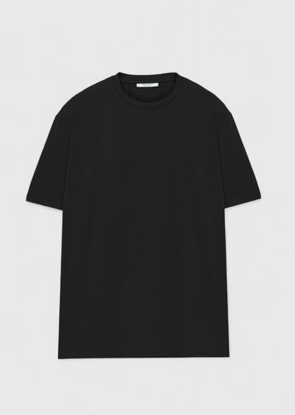 Schwarzes, schlichtes T-Shirt mit Rundhalsausschnitt aus Baumwollmischgewebe