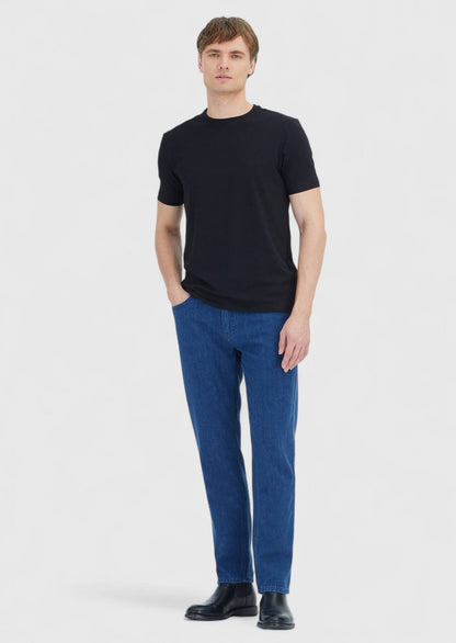 Schwarzes, schlichtes T-Shirt mit Rundhalsausschnitt aus Baumwollmischgewebe