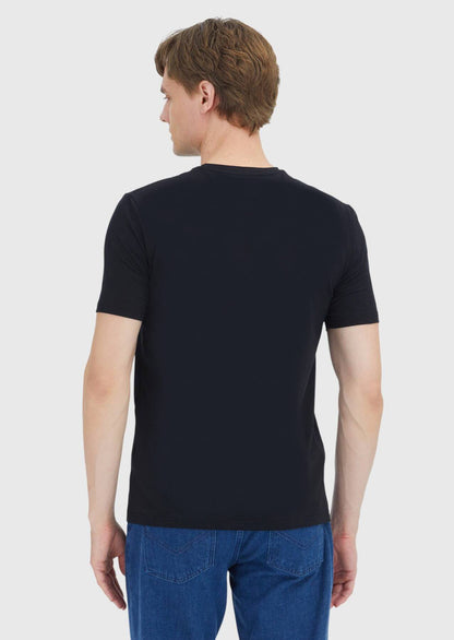 Schwarzes, schlichtes T-Shirt mit Rundhalsausschnitt aus Baumwollmischgewebe
