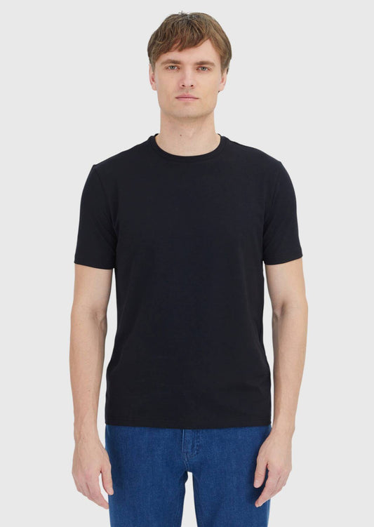 Schwarzes, schlichtes T-Shirt mit Rundhalsausschnitt aus Baumwollmischgewebe