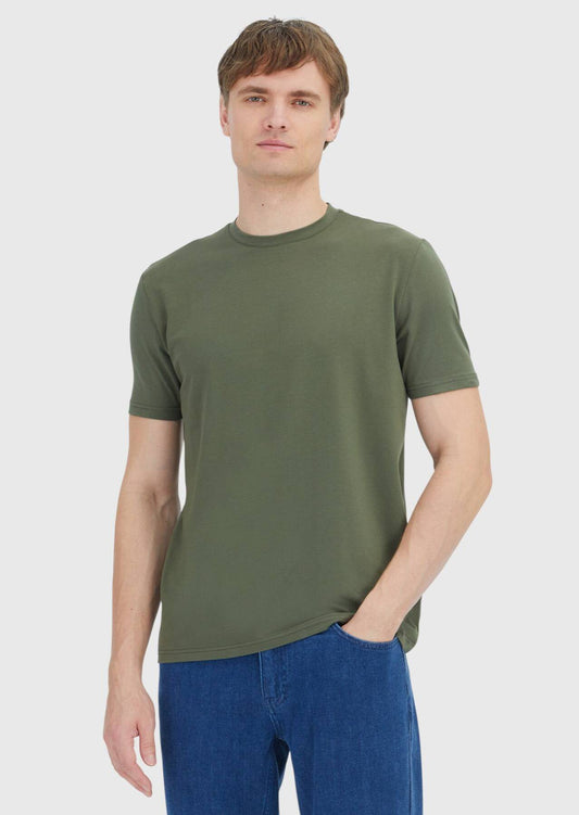 Khakifarbenes, schlichtes T-Shirt mit Rundhalsausschnitt aus Baumwollmischgewebe