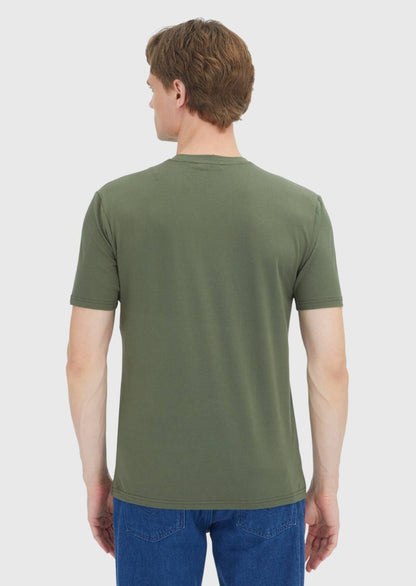 Khakifarbenes, schlichtes T-Shirt mit Rundhalsausschnitt aus Baumwollmischgewebe