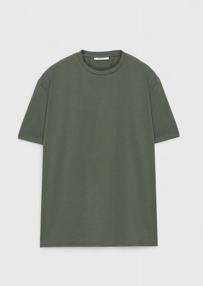 Khakifarbenes, schlichtes T-Shirt mit Rundhalsausschnitt aus Baumwollmischgewebe