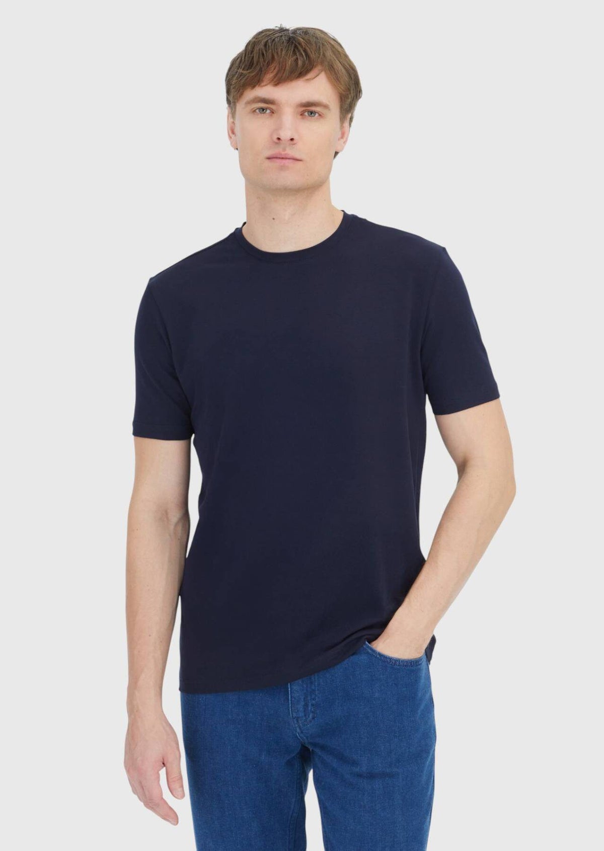 Marineblaues, einfarbiges T-Shirt mit Rundhalsausschnitt aus Baumwollmischgewebe