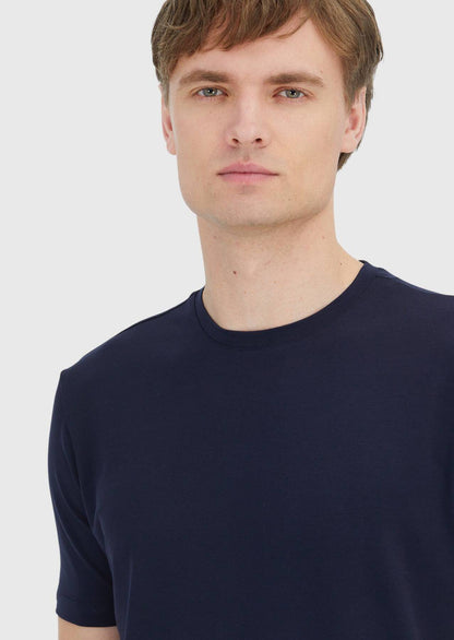 Marineblaues, einfarbiges T-Shirt mit Rundhalsausschnitt aus Baumwollmischgewebe