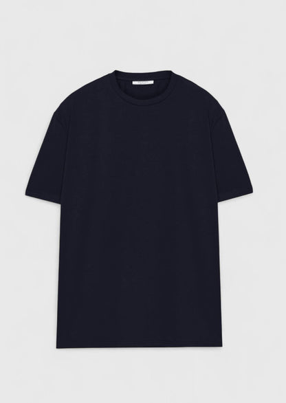 Marineblaues, einfarbiges T-Shirt mit Rundhalsausschnitt aus Baumwollmischgewebe