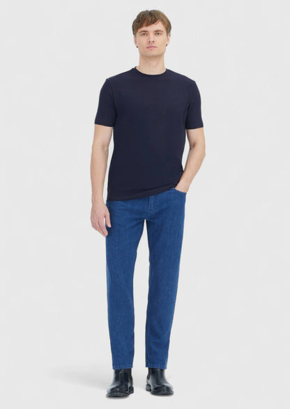 Marineblaues, einfarbiges T-Shirt mit Rundhalsausschnitt aus Baumwollmischgewebe