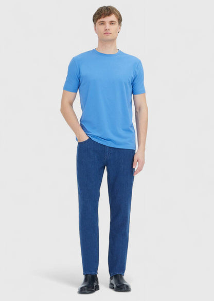 Blaues, schlichtes T-Shirt mit Rundhalsausschnitt aus Baumwollmischgewebe