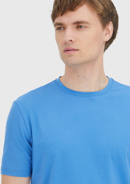 Blaues, schlichtes T-Shirt mit Rundhalsausschnitt aus Baumwollmischgewebe