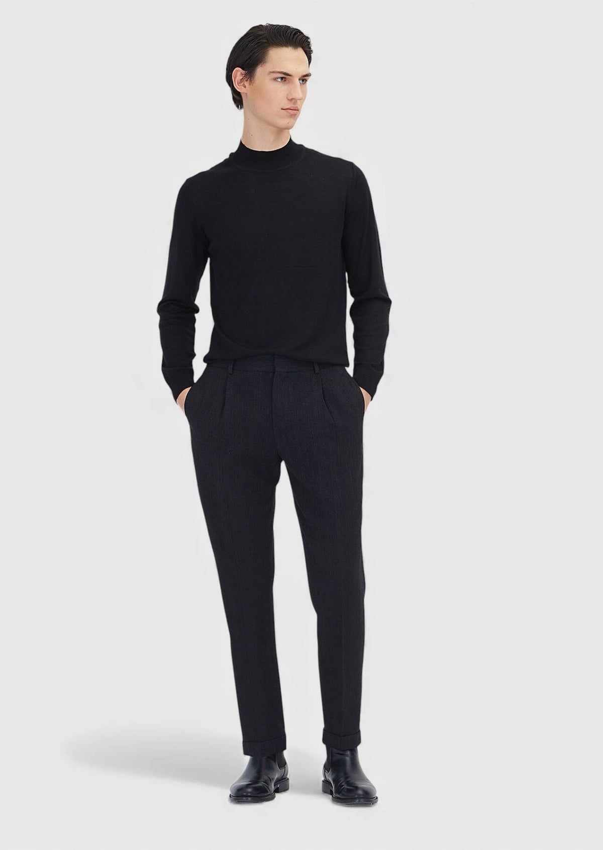 Schwarze Regular Fit Wollmix-Hose
