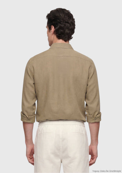 Khaki Unifarben Casual Baumwollhemd