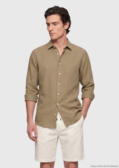 Khaki Unifarben Casual Baumwollhemd
