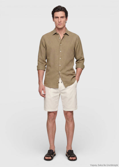 Khaki Unifarben Casual Baumwollhemd