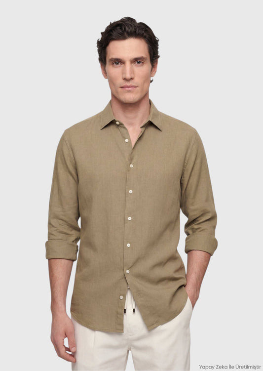 Khaki Unifarben Casual Baumwollhemd