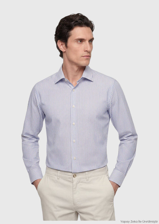 Helles Blau Gestreiftes Regular Fit Hemd