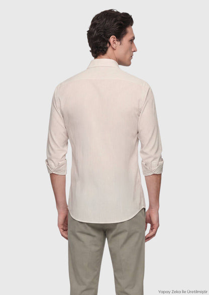 Beige Gestreiftes Casual Fit Baumwollhemd
