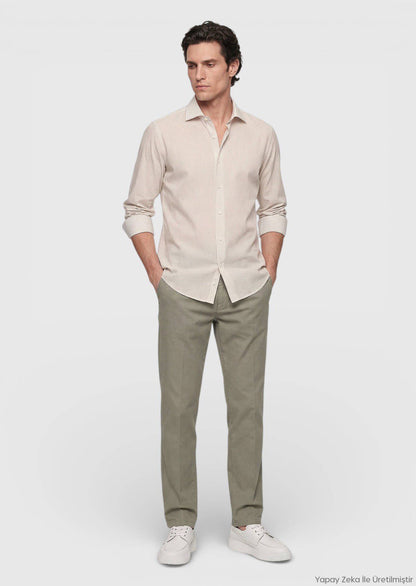 Beige Gestreiftes Casual Fit Baumwollhemd