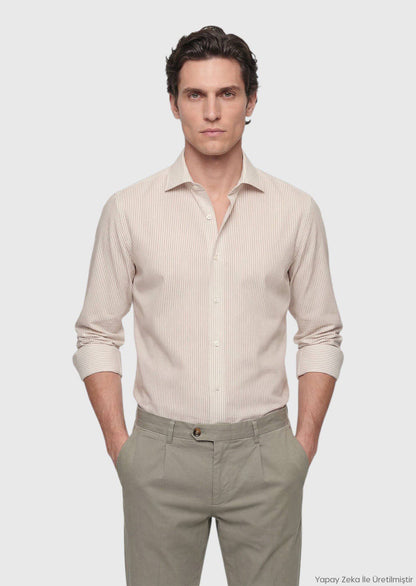 Beige Gestreiftes Casual Fit Baumwollhemd