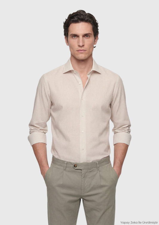 Beige Gestreiftes Casual Fit Baumwollhemd