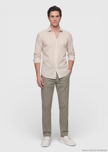 Beige Gestreiftes Casual Fit Baumwollhemd