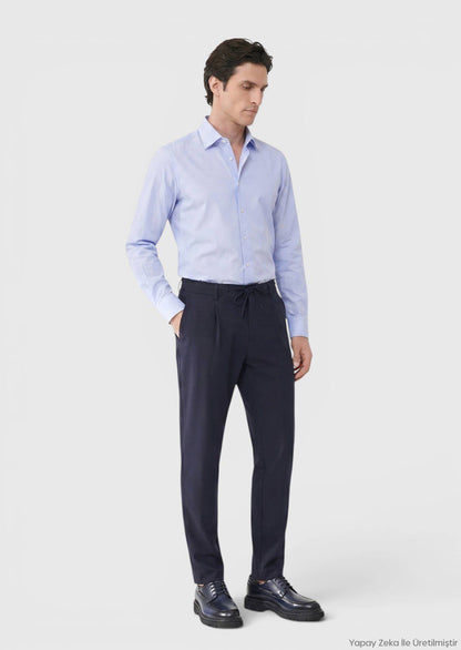 Blau Gestreiftes Regular Fit Baumwollhemd