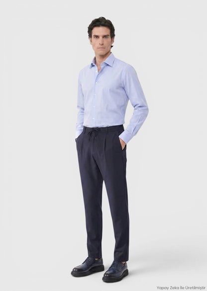 Blau Gestreiftes Regular Fit Baumwollhemd