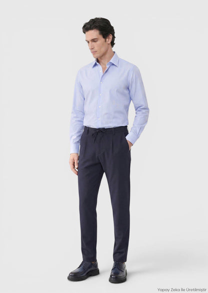Blau Gestreiftes Regular Fit Baumwollhemd