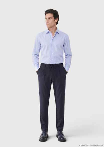 Blau Gestreiftes Regular Fit Baumwollhemd