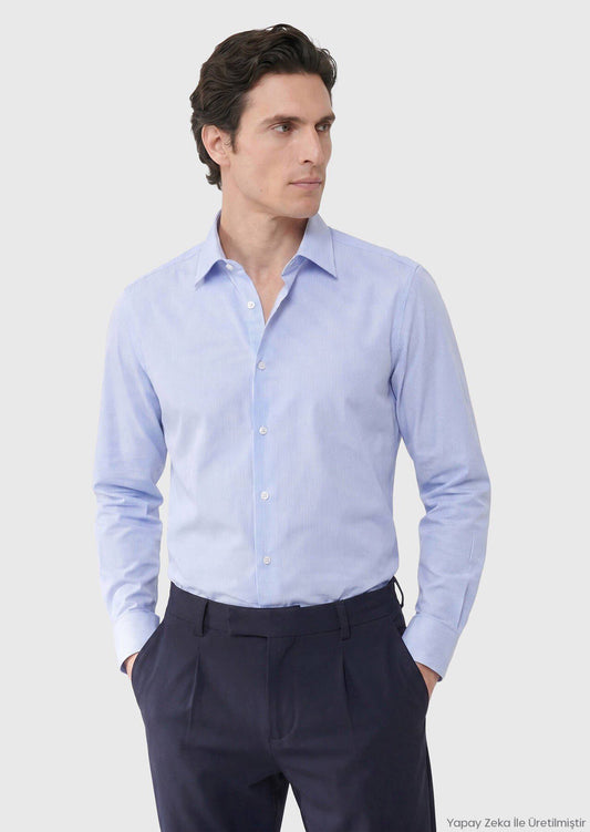 Blau Gestreiftes Regular Fit Baumwollhemd