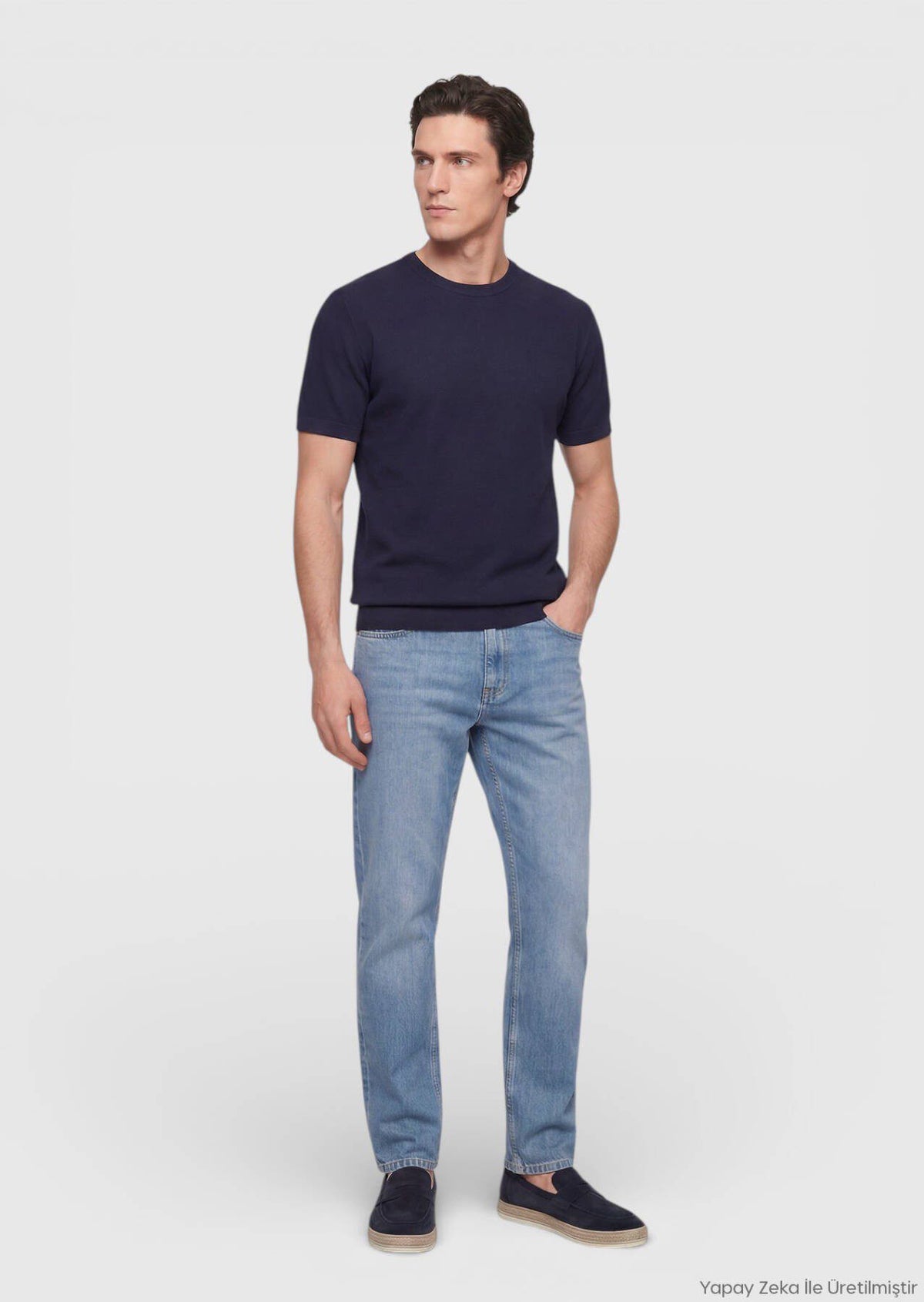 Marineblaues Jacquard T-Shirt aus 100% Baumwolle
