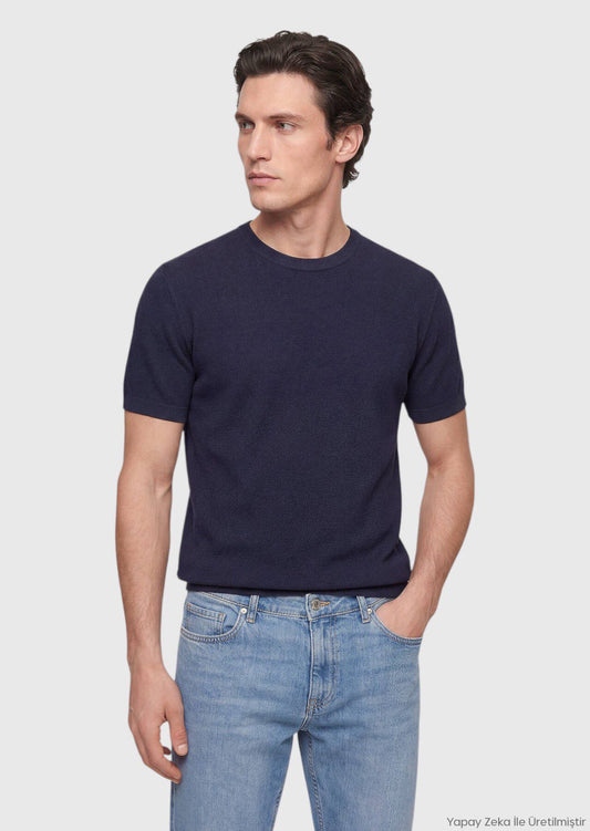 Marineblaues Jacquard T-Shirt aus 100% Baumwolle