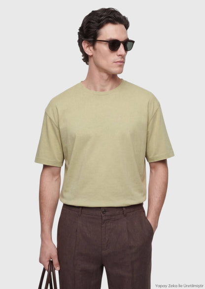 Ölgrün Unifarben Baumwollmix T-Shirt