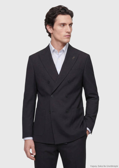 Schwarzer Schlichter Wollanzug, Relaxed Fit