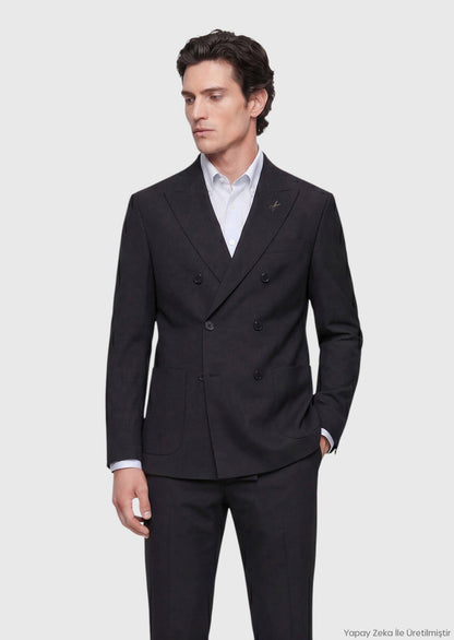 Schwarzer Schlichter Wollanzug, Relaxed Fit