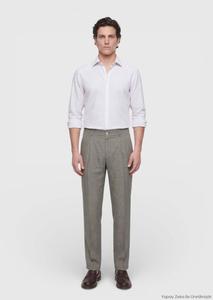 Ecru Gestreiftes Casual Fit Baumwollhemd