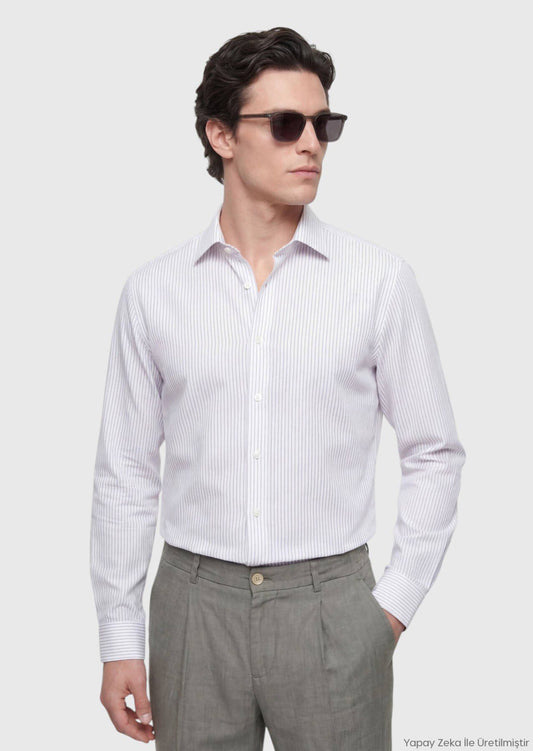 Ecru Gestreiftes Casual Fit Baumwollhemd