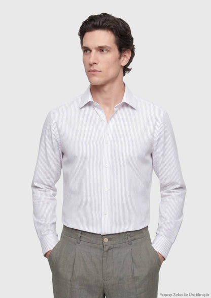 Ecru Gestreiftes Casual Fit Baumwollhemd