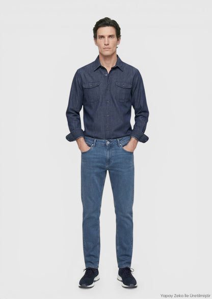 Marineblaue Velours Jeanshose, Slim Fit
