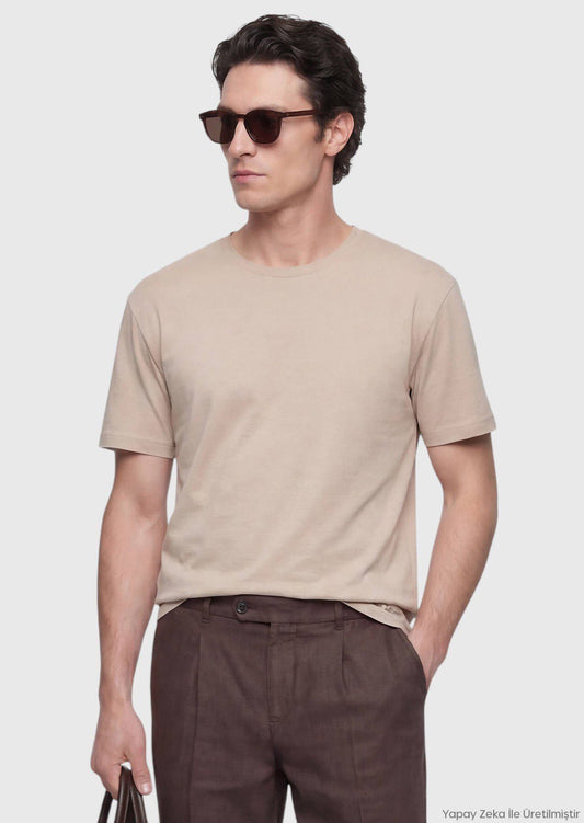 Beiges Unifarbenes 100% Baumwoll-T-Shirt