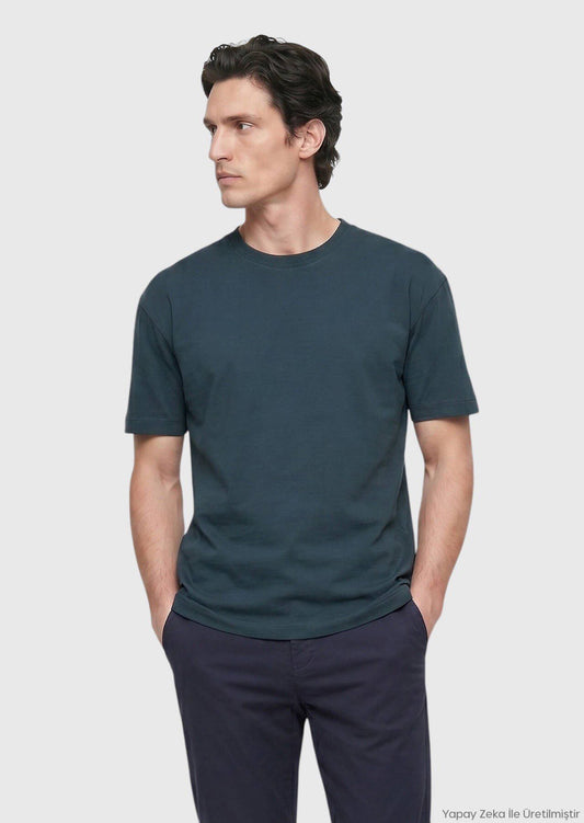 Petrolblaues Unifarbenes Rundhals T-Shirt 100% Baumwolle