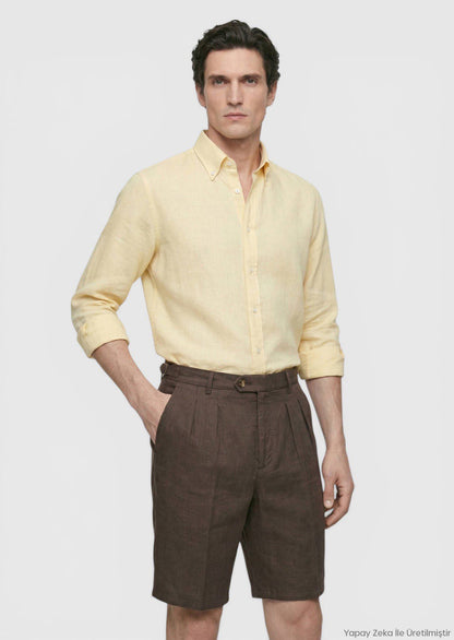 Braune Leinen Bermuda, Carrot Fit, Casual