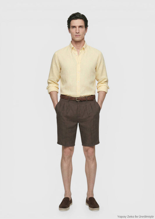Braune Leinen Bermuda, Carrot Fit, Casual