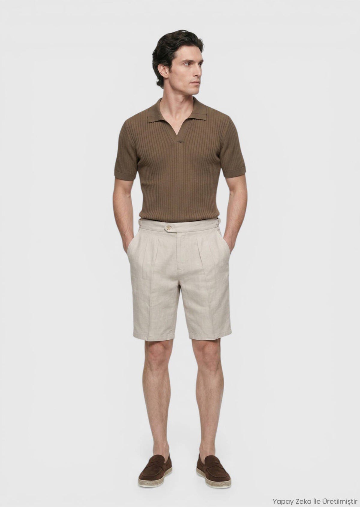 Beige Leinen Bermuda Hose Carrot Fit