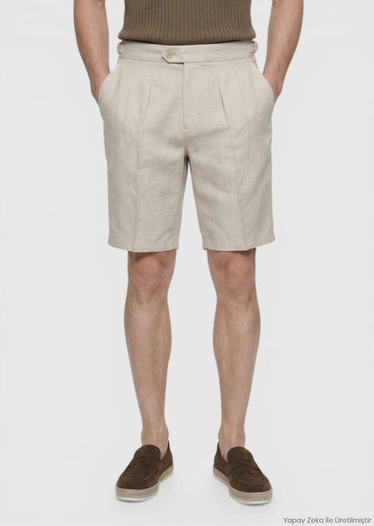 Beige Leinen Bermuda Hose Carrot Fit