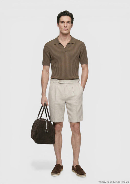 Beige Leinen Bermuda Hose Carrot Fit